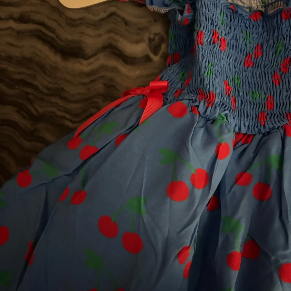 oodles Blue Dog Dress with Cherry Print